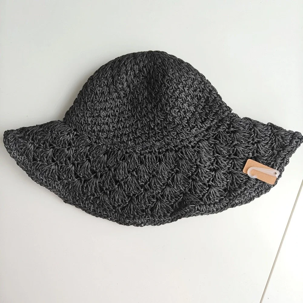 NEW Black Woven Paper Straw Sun Hat Wide Wire Brim Summer Beach Floppy Hat